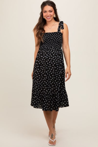 PinkBlush Black Floral Sleeveless Knotted Strap Maternity Dress