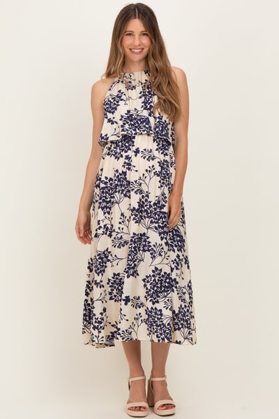 PinkBlush Navy Floral Flounce Halter Maternity Midi Dress