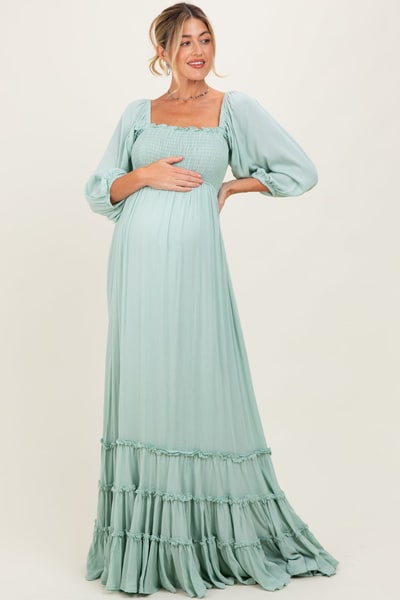 PinkBlush Sage Solid 3/4 Sleeve Smocked Top Tiered Maternity Maxi Dress