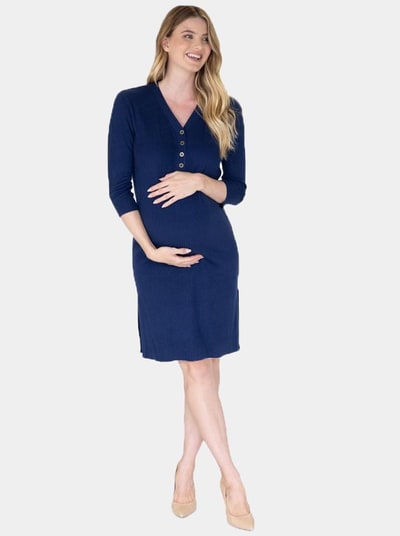 Angel Maternity Maternity Button Front Nursing Knit Ribbed Dress in Navy