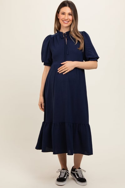 PinkBlush Navy Balloon Sleeve Split Neck Maternity Midi Dress