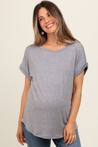 PinkBlush Grey Rolled Cuff Maternity Short Sleeve Top