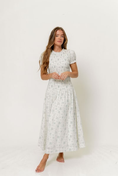 Worth Collective Orchard 100% Cotton Smocked Maxi Dress in Off White/Blue - Bump Friendly