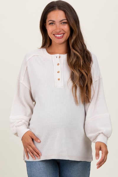 PinkBlush Cream Oversized Ribbed Knit Henley Maternity Sweater