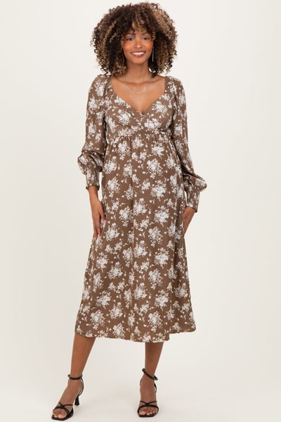 PinkBlush Mocha Floral Crossover Neckline Maternity Midi Dress