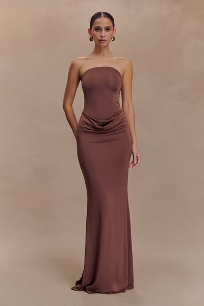 MESHKI Madison Strapless Slinky Maxi Dress - Chocolate