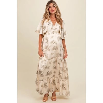 Target PinkBlush Cream Floral Deep V-Neck Maternity Maxi Dress Cream Small