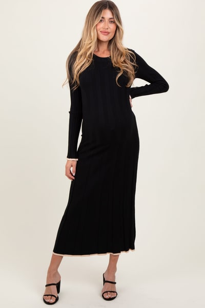 PinkBlush Black Ribbed Knit Maternity Maxi Sweater Dress