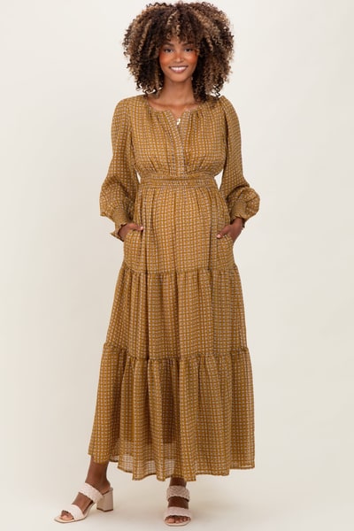PinkBlush Yellow Printed Smocked Waist Tiered Maternity Maxi Dress