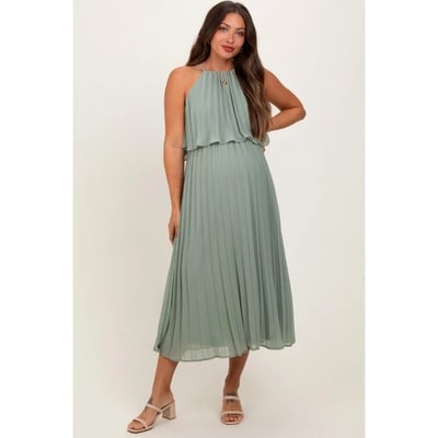 Target PinkBlush Light Olive Pleated Woven Maternity Midi Dress Light Olive Medium