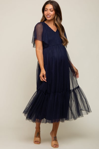 PinkBlush Navy Blue Dotted Tulle Smocked Maternity Midi Dress