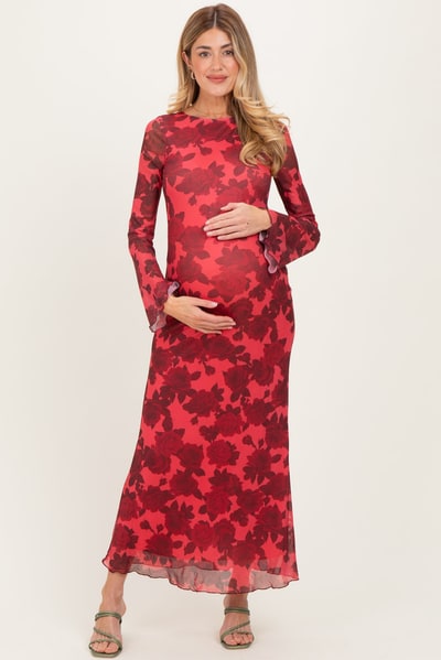 PinkBlush Red Floral Bell Sleeve Maternity Maxi Dress