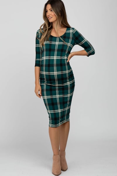 PinkBlush Forest Green Plaid 3/4 Sleeve Ruched Maternity Dress