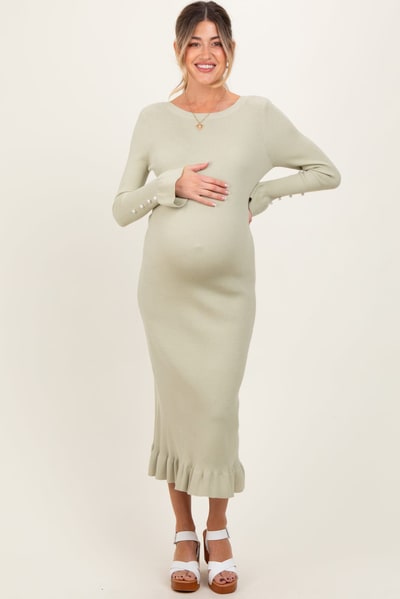 PinkBlush Light Olive Ribbed Knit Bow Back Maternity Maxi Dress