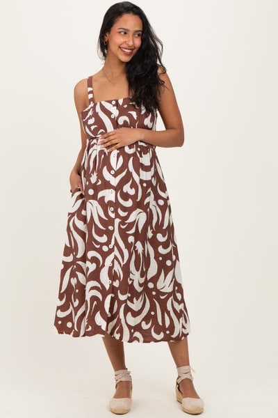 PinkBlush Brown Printed Button Down Sleeveless Maternity Midi Dress