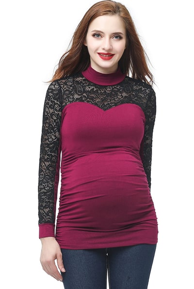 Kimi + Kai Kimi + Kai Maternity "Faye" Mock Neck Lace Panel Top