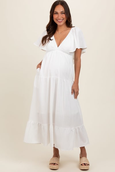 PinkBlush Ivory Deep V-Neck Flutter Sleeve Tiered Maternity Midi Dress