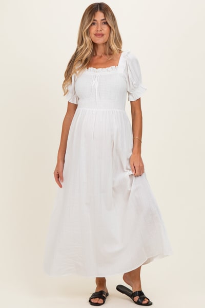 PinkBlush White Smocked Ruffle Accent Ribbon Tie Maternity Maxi Dress