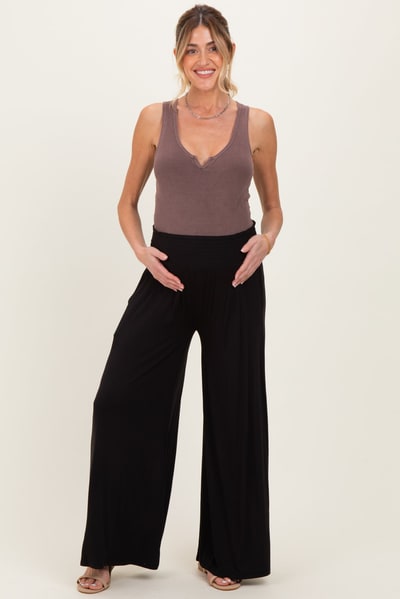 PinkBlush Black Smocked Waist Wide Leg Maternity Pants