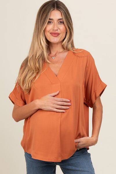 PinkBlush Orange V-Neck Pin-Tuck Detail Maternity Top