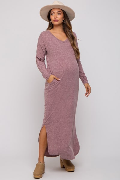 PinkBlush Plum Heathered Pocketed Long Sleeve Maternity Maxi Dress