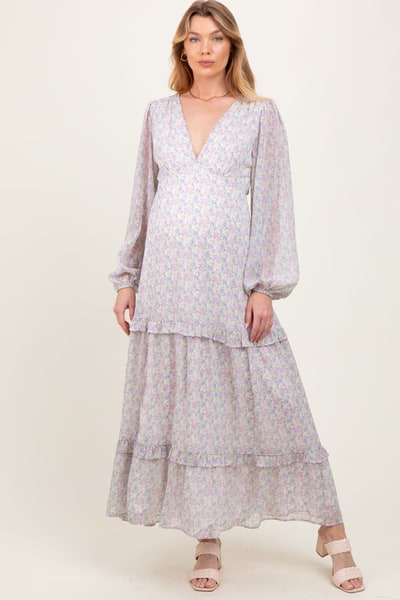 PinkBlush Ivory Floral Chiffon V-Neck Ruffle Tiered Maternity Maxi Dress