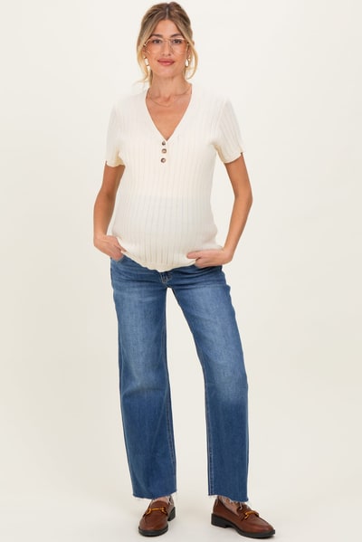 PinkBlush Blue Raw Hem Maternity Cropped Wide Leg Jeans