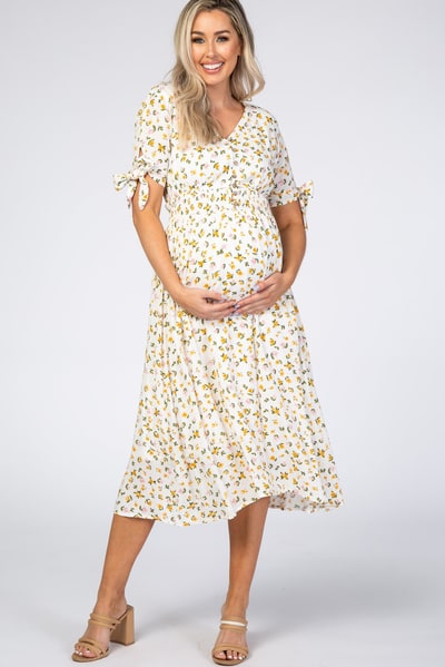 PinkBlush Ivory Floral Tie Sleeve Maternity Midi Dress