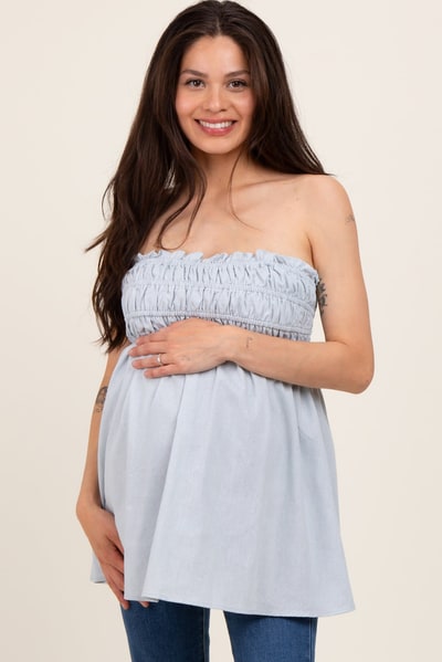 PinkBlush Light Blue Linen Ruched Strapless Tube Tunic Maternity Top
