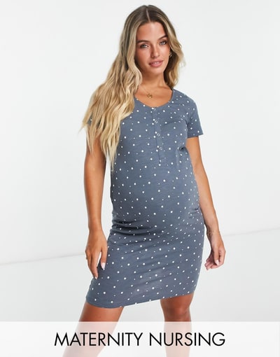 ASOS Mamalicious Maternity star print nightdress with nursing function in charcoal gray