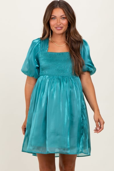PinkBlush Light Teal Organza Smocked Puff Sleeve Maternity Mini Dress