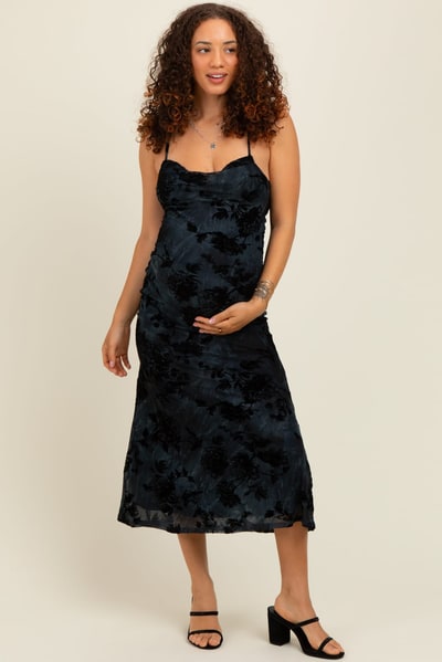 PinkBlush Charcoal Mesh Floral Overlay Maternity Midi Dress