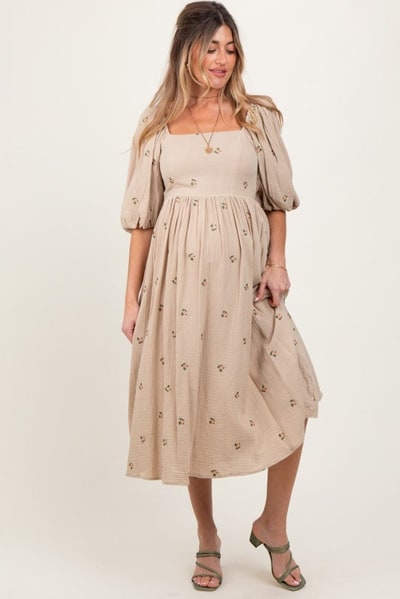 PinkBlush Taupe Floral Maternity Midi Dress