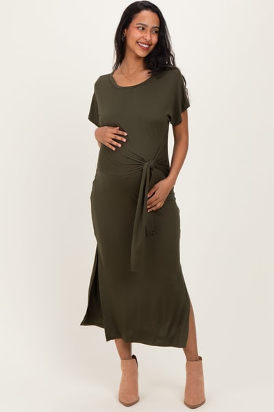 PinkBlush Olive Waist Tie Short Sleeve Side Slit Maternity Dress