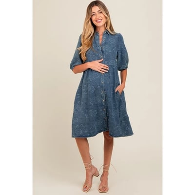 Target Pinkblush Blue Denim Button Front Short Puff Sleeve Maternity Dress Large