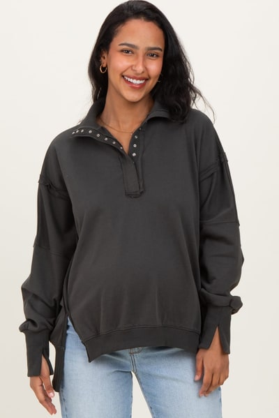 PinkBlush Charcoal Snap Button Pullover Henley Maternity Sweatshirt