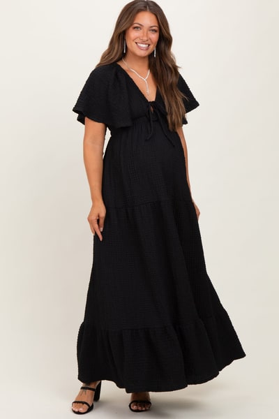 PinkBlush Black Woven Textured Flutter Sleeve V-Neck Tiered Maternity Maxi Dress