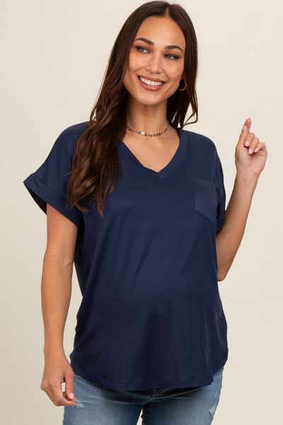 PinkBlush Navy V-Neck Pocket Short Sleeve Maternity Shirt