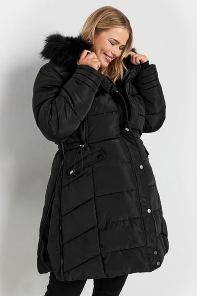 Yours Clothing BUMP IT UP Maternity Black Panelled Puffer Midi Coat