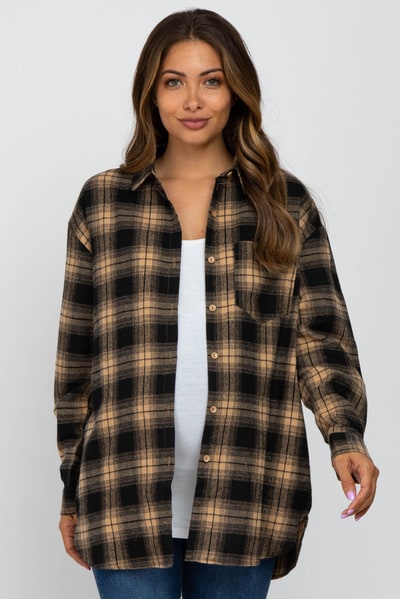 PinkBlush Taupe Black Plaid Button Down Maternity Top