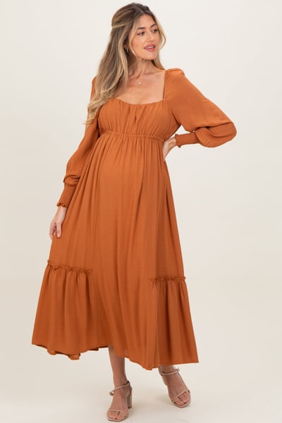 PinkBlush Rust Square Neckline Bubble Sleeve Maternity Maxi Dress