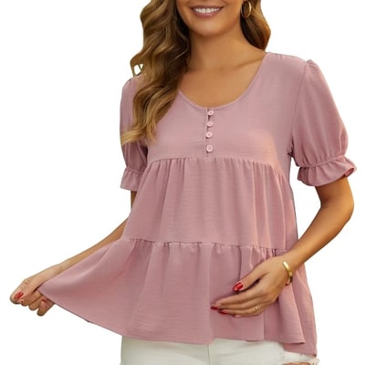 Target INSPIRE CHIC Women's Maternity Blouses Boho Ruffled V Neck Button Short Sleeve Tiered Shirts Flowy Casual Tops XX-Large Pink