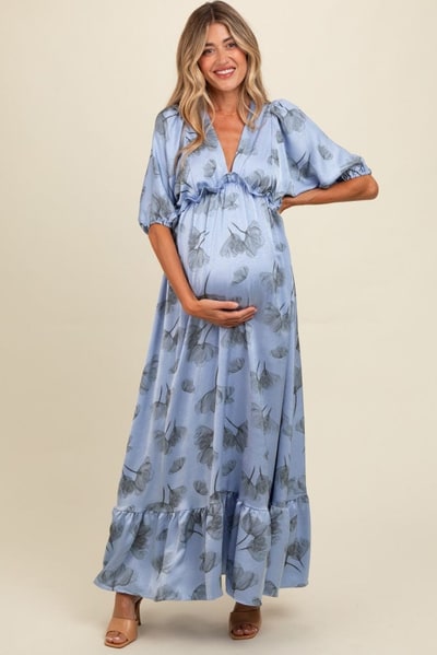 PinkBlush Blue Floral Chiffon Ruffle Accent Maternity Maxi Dress