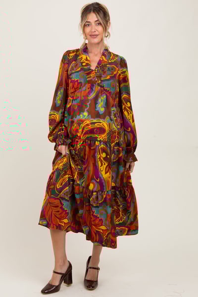PinkBlush Brown Paisley V-Neck Long Sleeve Tiered Maternity Maxi Dress