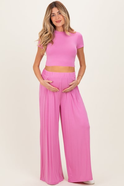PinkBlush Pink Short Sleeve Crop Top Wide Leg Pant Maternity Set