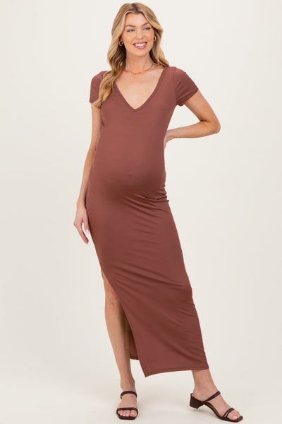 PinkBlush Brown Basic Ribbed Side Slit Maternity Midi Dress