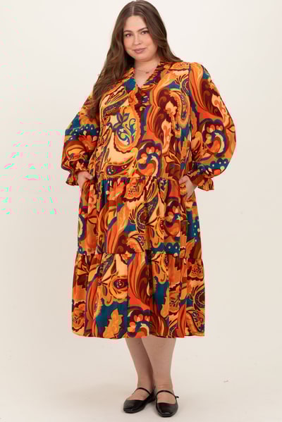 PinkBlush Peach Paisley V-Neck Long Sleeve Tiered Maternity Plus Maxi Dress