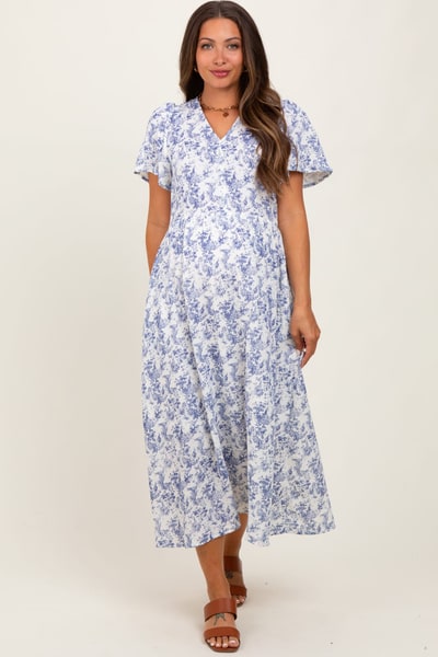 PinkBlush Blue Floral Button Up Tiered Maternity Midi Dress