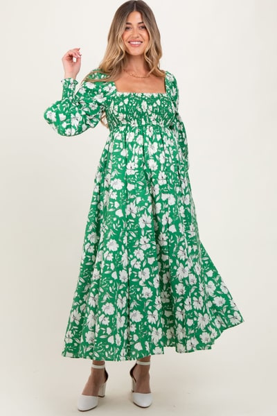 PinkBlush Green Smocked Cotton Floral Maternity Maxi Dress