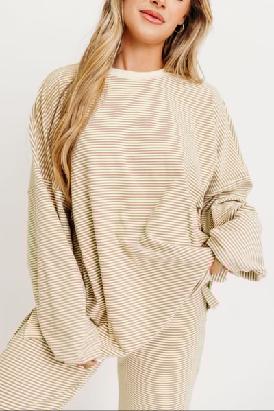 Worth Collective Naomi Striped Oversized Fleece Long Sleeve Top in Beige - Bump Friendly